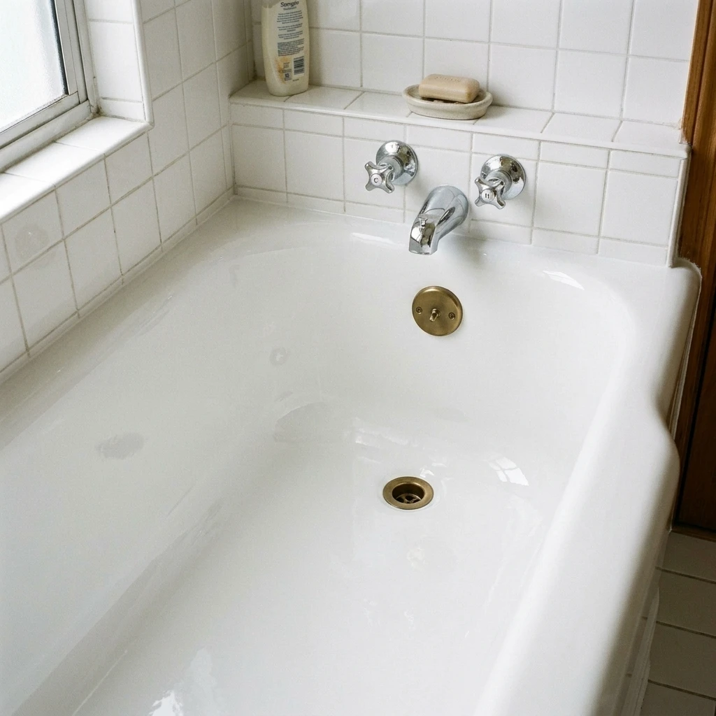 Bathtub after refinishing — pristine, smooth, high-gloss white refinished porcelain finish