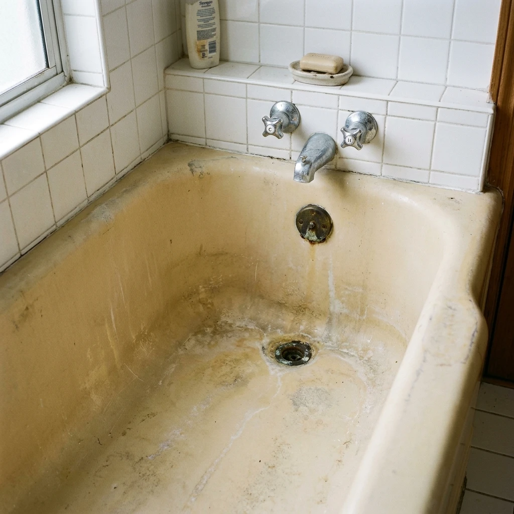 Bathtub before refinishing — aged, yellowed porcelain surface with stains and mineral buildup