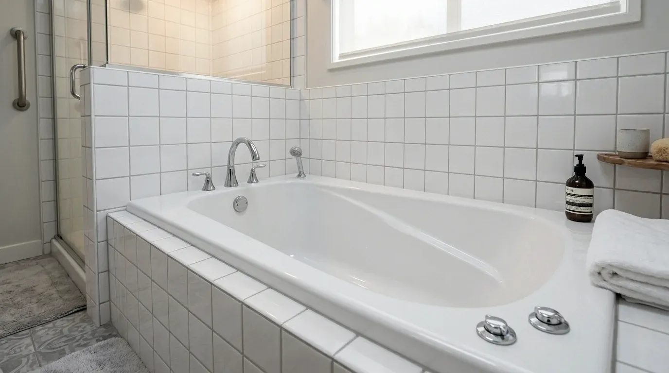 Jetted tub after conversion — standard white whirlpool tub with visible chrome jet nozzles