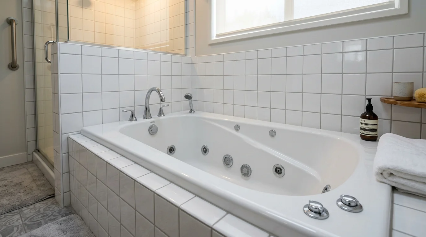Jetted tub before conversion — jets removed, capped, and refinished to a smooth, seamless white soaking tub