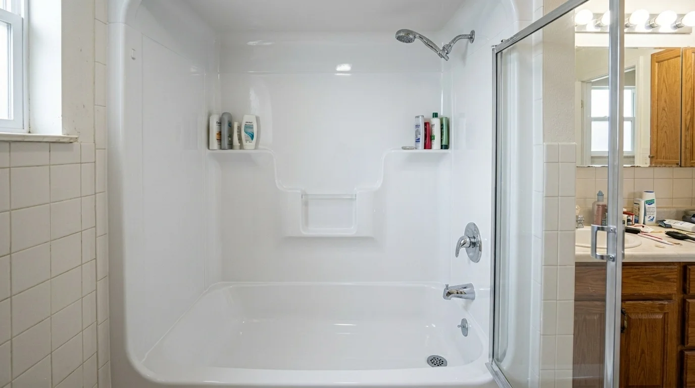 Acrylic shower insert after refinishing — aged, yellowed surface with light stains, small chips and hairline cracks