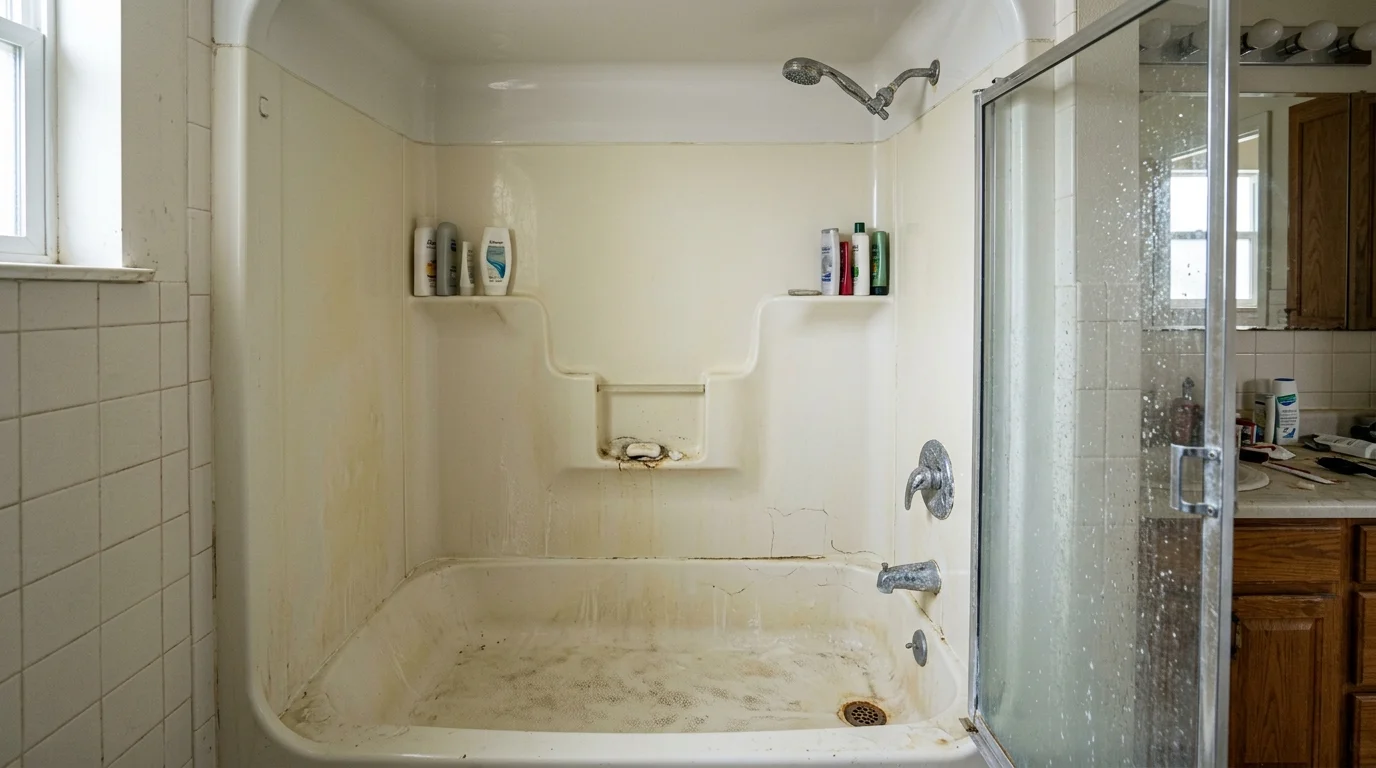Acrylic shower insert before refinishing — pristine, smooth, high-gloss clean white finish