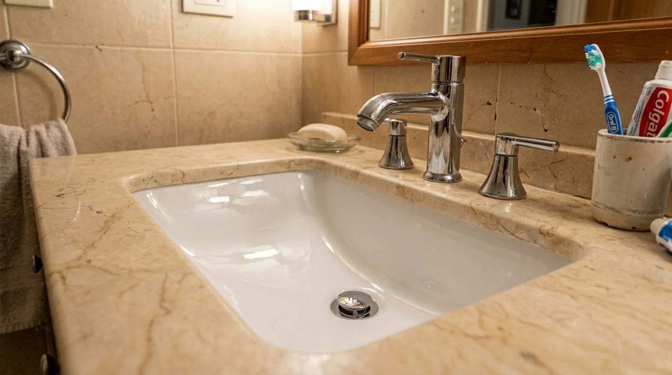 Undermount bathroom sink after refinishing — aged, greyish porcelain basin set in a cream marble countertop