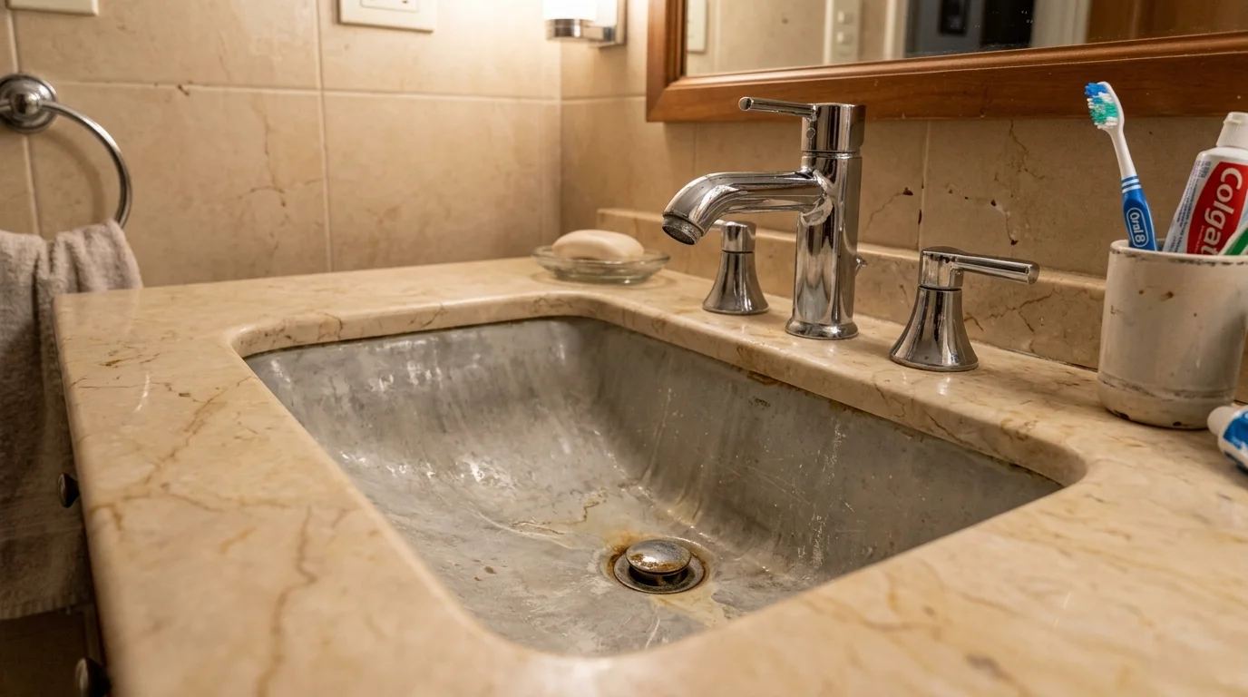 Undermount bathroom sink before refinishing — pristine, high-gloss clean white basin set in the same cream marble countertop