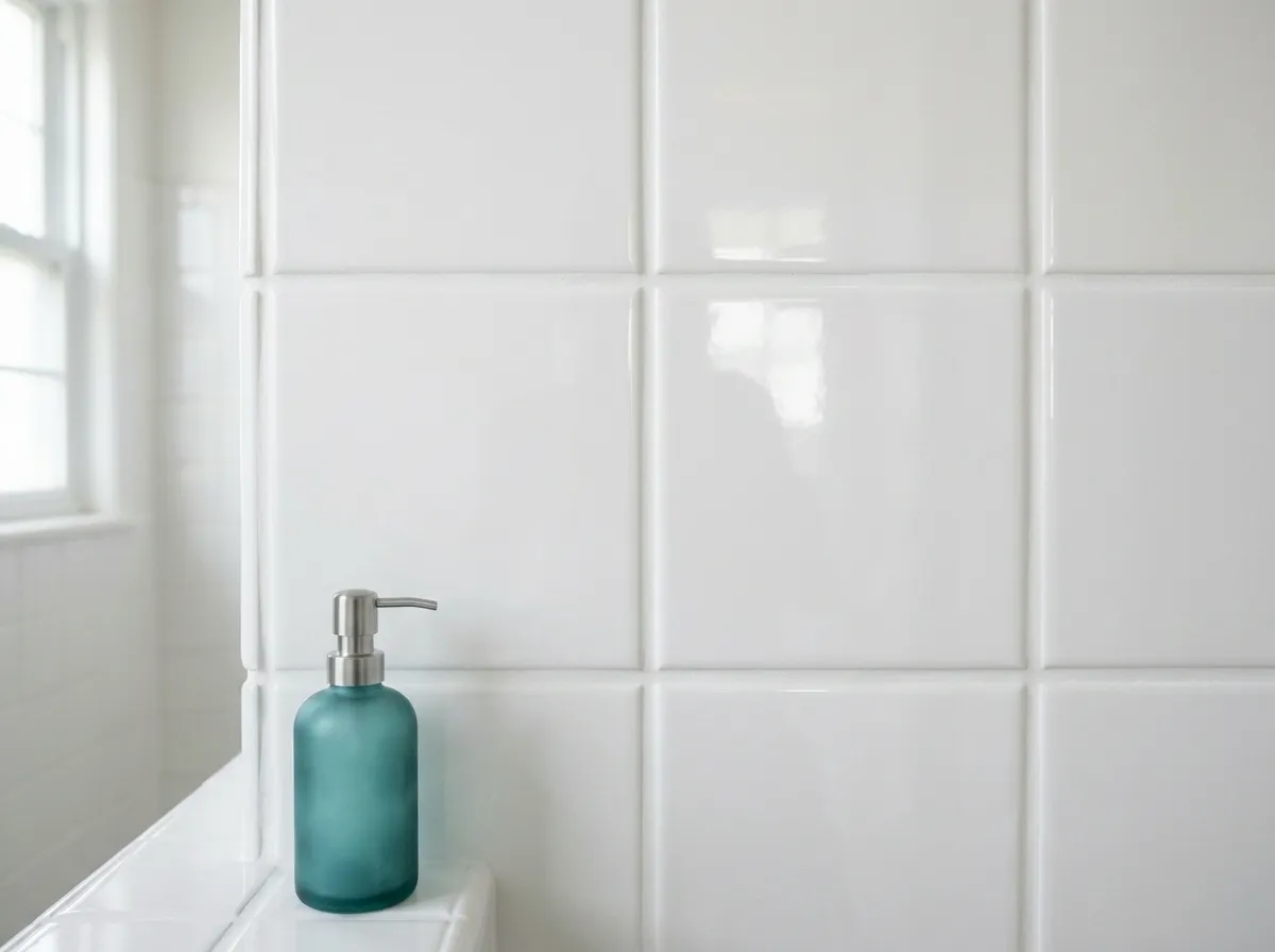 After ceramic tile refinishing — smooth sparkly gloss white tiles with matching white grout lines and teal decor accent