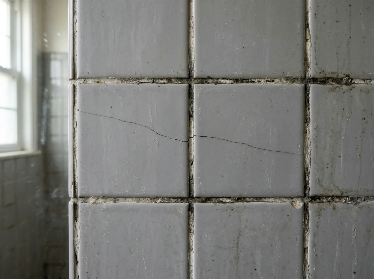 Before ceramic tile refinishing — dingy grey tiles with dirty grout and small hairline cracks