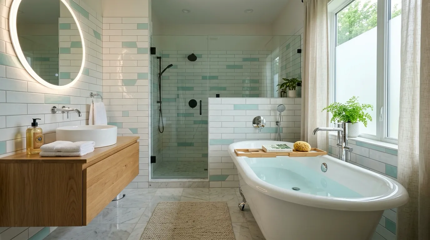 Freshly refinished white bathtub in a bright modern bathroom setting with light teal tile accents