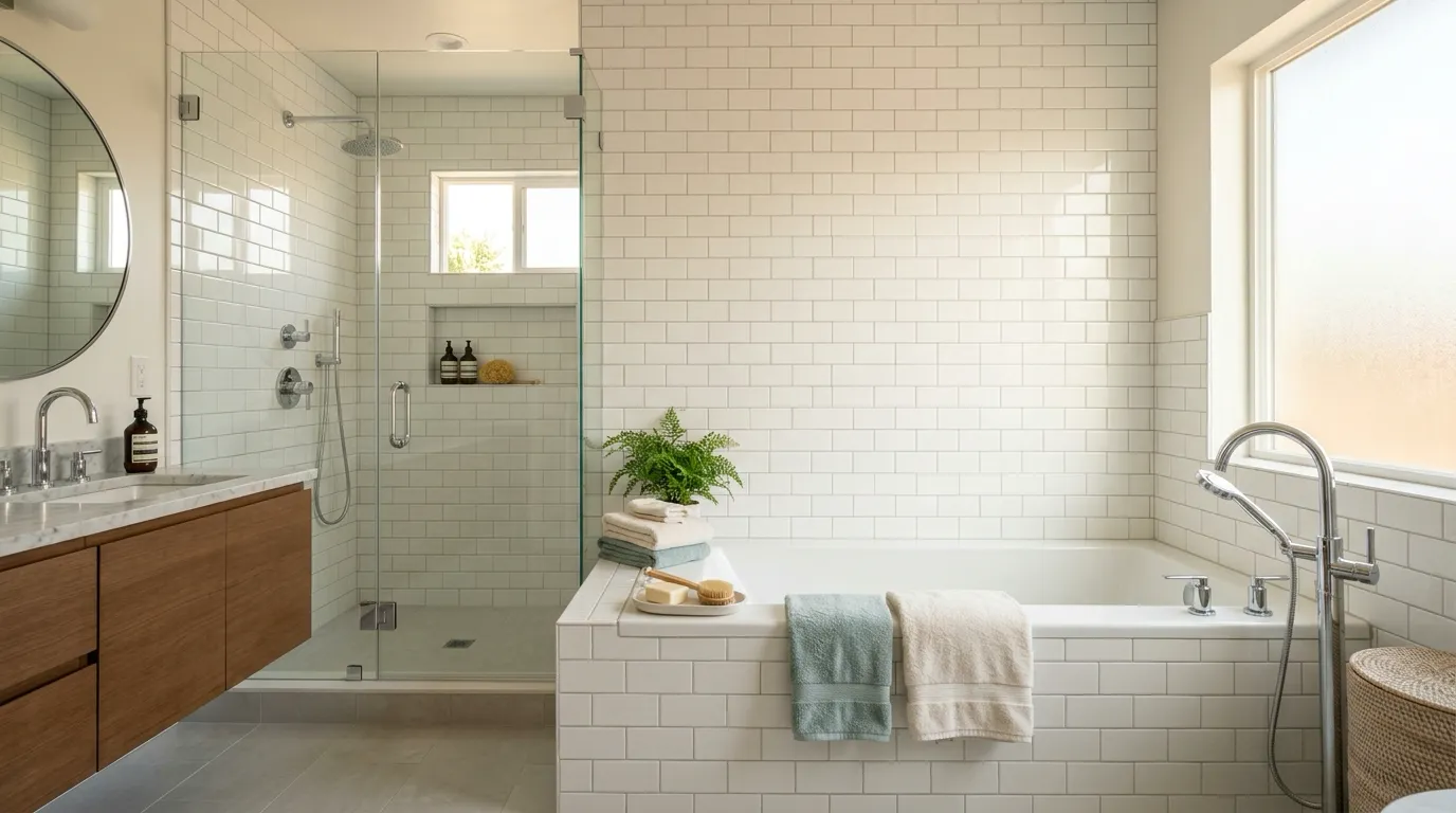 Freshly refinished white ceramic subway tile walls and bathtub surround with glossy like-new finish