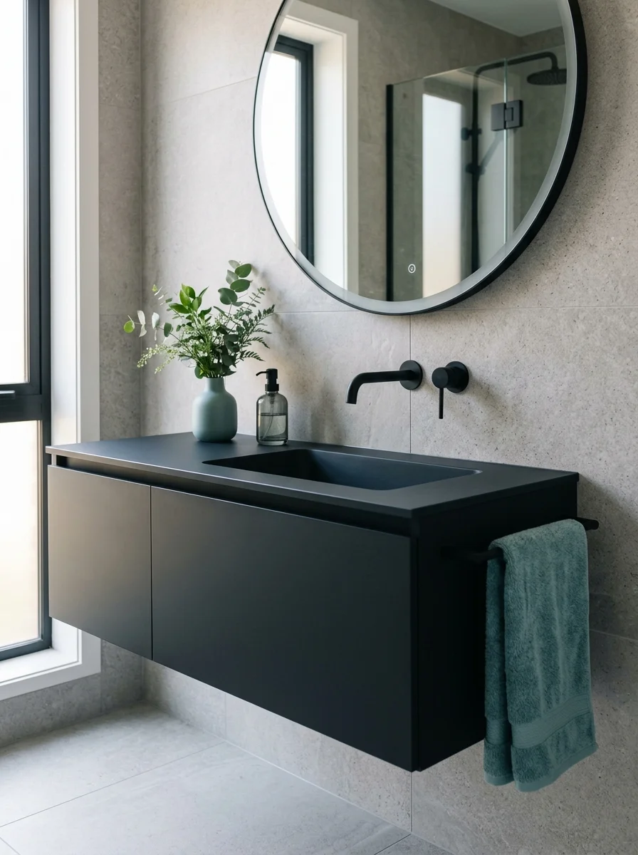 Modern refinished dark charcoal vanity and matching charcoal sink with sleek black hardware and teal accents