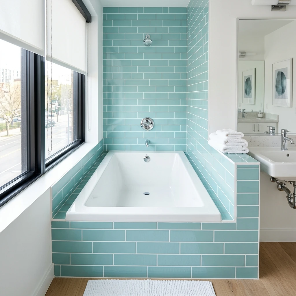 Freshly refinished white bathtub with light teal tile surround in a commercial property bathroom