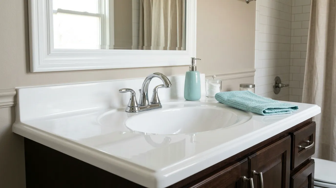 Refinished 1980s integrated cultured marble vanity sink with glossy sparkling white finish and teal accents