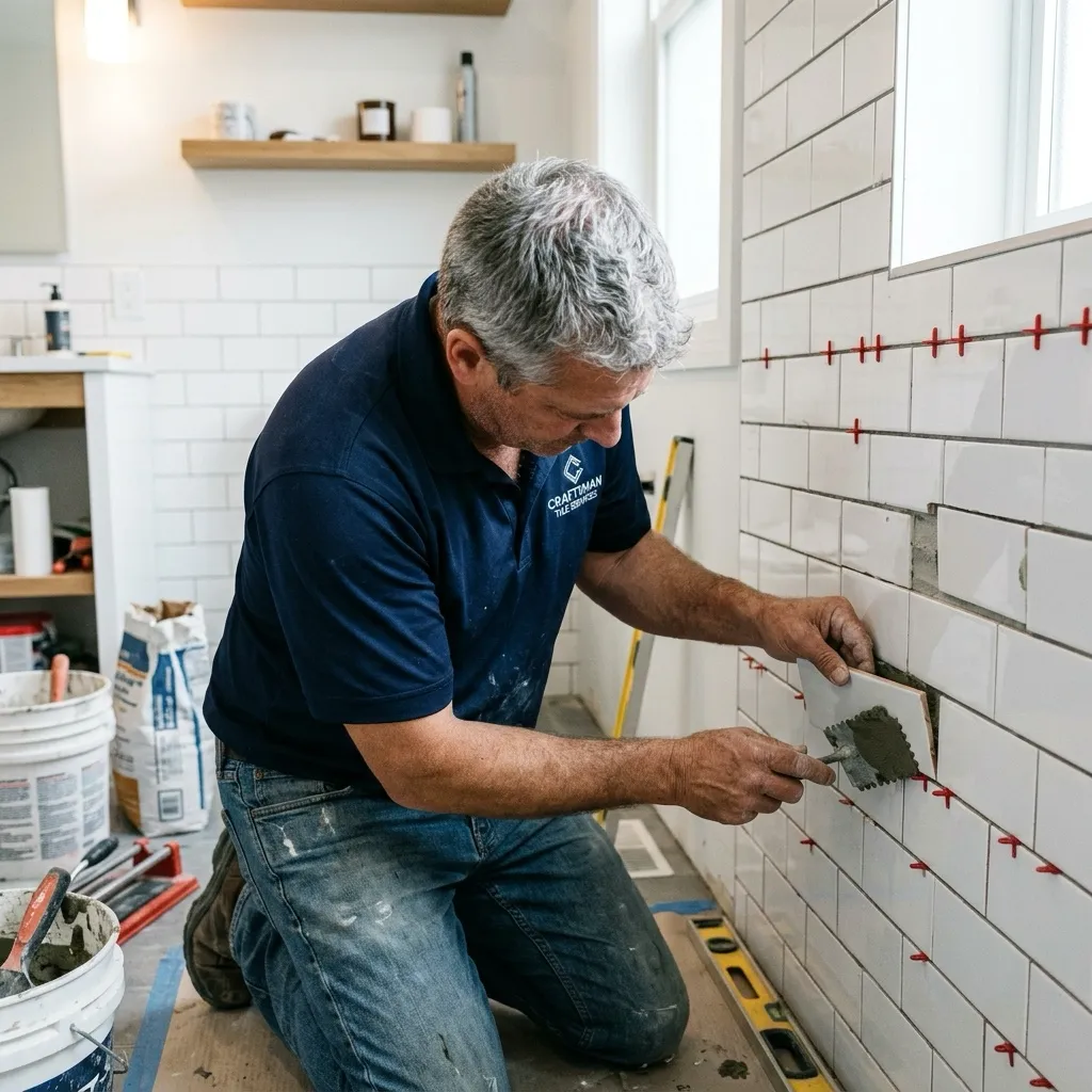 Darrell Reicker, lead tile installer, tiling a wall