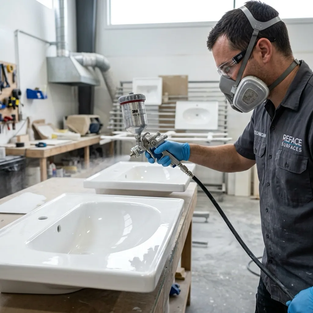Henry spray painting white porcelain sinks to a glossy like-new finish