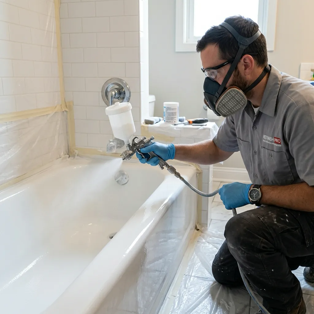Henry Fehr - Lead Refinishing Technician spraying a bathtub white