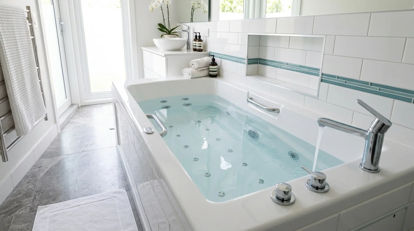 Refinished high-gloss white jetted whirlpool tub filled with clear water in a modern bathroom