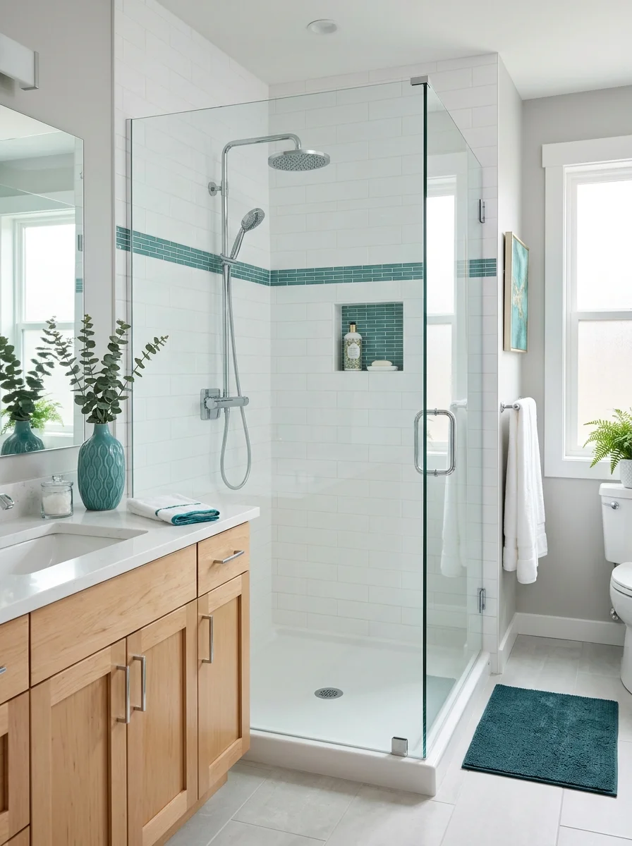 Refinished white shower with pristine tile surround and teal accents
