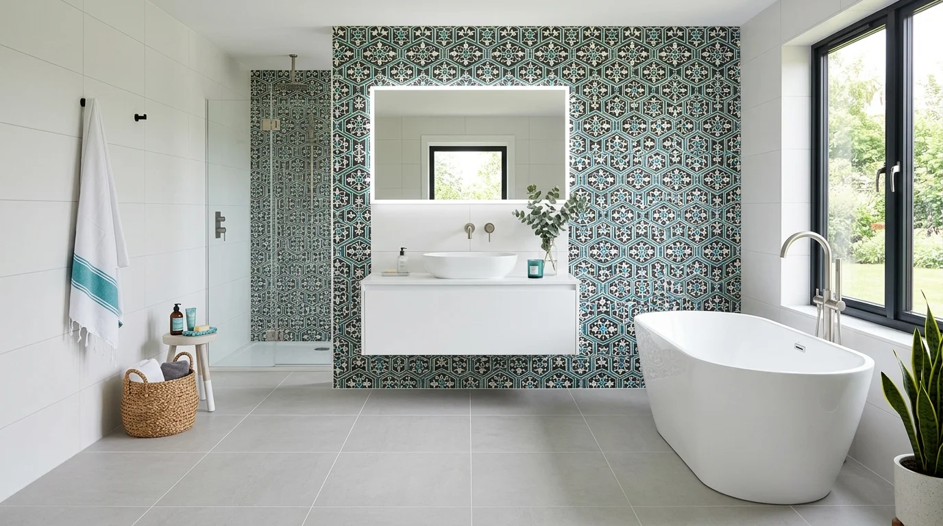 Freshly installed white tiles surround a refinished tub